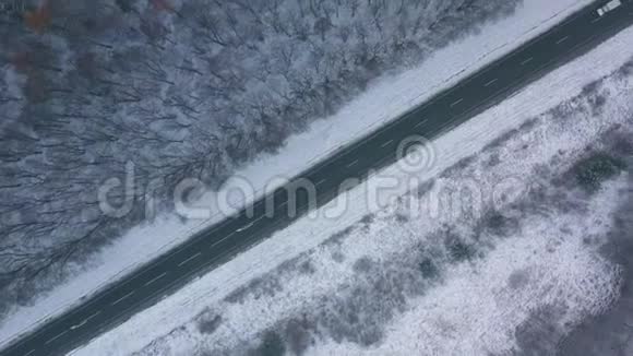 冬季穿过冬季森林的道路上的交通鸟瞰图视频的预览图