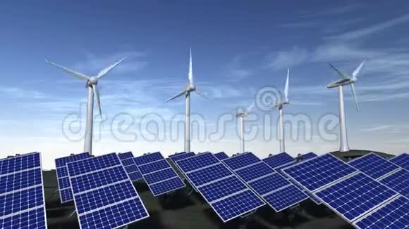 五个风力发电系统有一些动画太阳能电池板和蓝天视频的预览图
