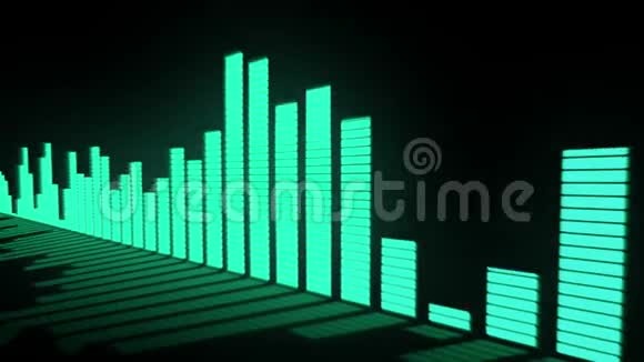 3D动画音乐控制水平浅绿色蓝色绿松石颜色的音频均衡条随反射移动视频的预览图