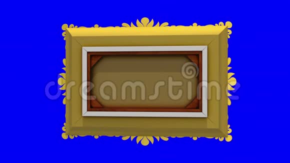 豪华黄金相框旋转蓝色背景色度键内置电视噪音和绿色屏幕3D动画视频的预览图