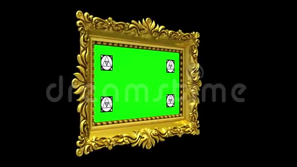 豪华黄金相框在黑色背景上旋转带有运动跟踪标记和绿色屏幕的三维动画视频的预览图