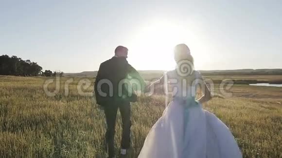 新娘和新郎穿过田野在夕阳下迎接太阳视频的预览图