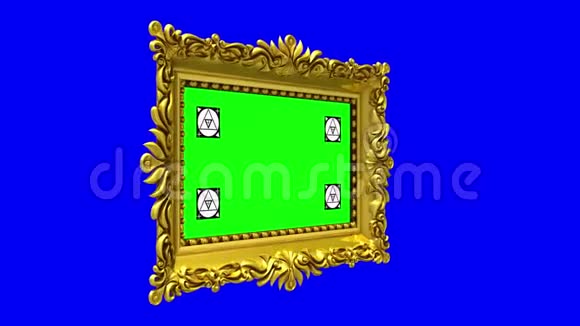 豪华黄金相框旋转蓝色背景色度键带有运动跟踪标记和绿色屏幕的内部视频的预览图