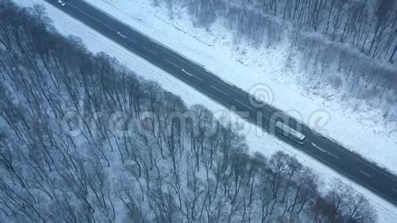 冬季穿过冬季森林的道路上的交通鸟瞰图视频的预览图