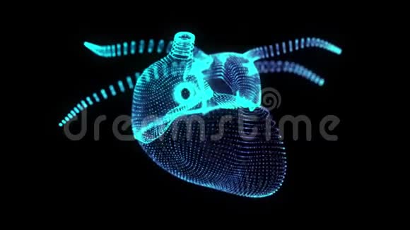 旋转人体心脏360度全息图发光蓝光粒子点的人体心脏模型无缝循环视频的预览图
