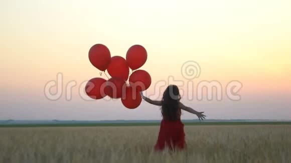 太阳落山时有气球在麦田里奔跑的快乐女孩视频的预览图