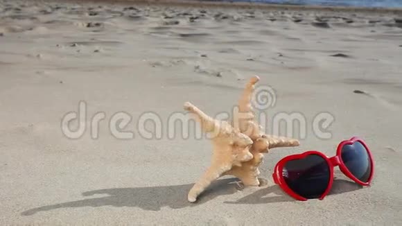 沙滩上的海星和红色太阳镜视频的预览图