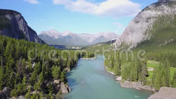 加拿大班夫国家公园落基山脉之间的弓河视频的预览图