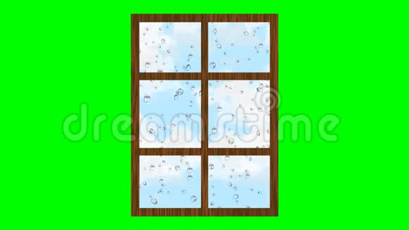 雨天水滴在玻璃上滚动云在天空中飞翔绿色屏幕上窗口的动画插图视频的预览图
