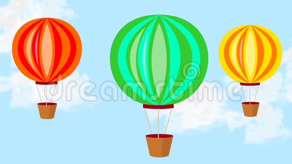 空中气球欢快的动画三个气球在蓝天白云中翱翔视频的预览图