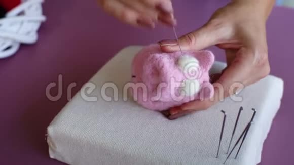 年轻白种人女子手工制作羊毛干毡教程视频的预览图