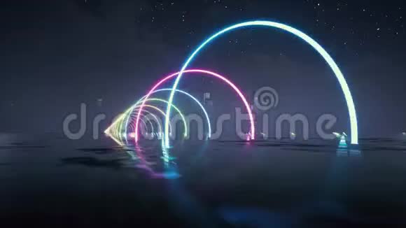 三维渲染抽象背景荧光紫外光发光霓虹灯线在无尽的隧道内前进视频的预览图