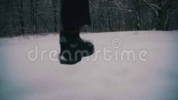 在雪日漫步在冬林的深雪中慢动作视频的预览图