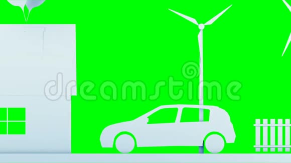 纸质卡通家庭与风力涡轮机生态概念现实的4k动画绿色屏幕视频的预览图