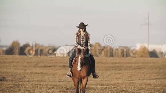 骑马的美女棕马户外小牛仔视频的预览图