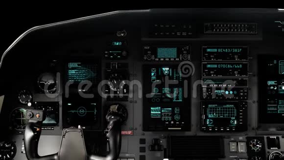 未来派飞行员驾驶舱座椅与全操作仪表板在阿尔法通道视频的预览图