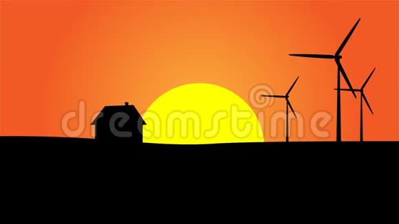 日落风车领域的房子轮廓视频的预览图