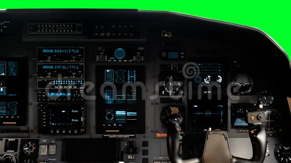 未来派飞行员驾驶舱座椅绿色屏幕上有一个完整的操作仪表板视频的预览图