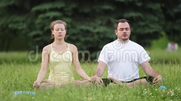 一男一女静心极乐年轻的瑜伽教练在绿草如茵的城市公园练习成功的青年视频的预览图