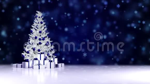 圣诞树在黑暗的降雪背景下旋转盒子里放着新年礼物视频的预览图