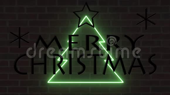 霓虹闪烁的圣诞树霓虹闪烁着星星和雪花在砖墙上闪烁视频的预览图