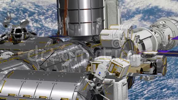 国际空间站国际空间站对地球大气层旋转的现实三维动画太空行走视频的预览图