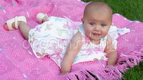 公园里的粉色毯子上快乐的微笑快乐的女婴视频的预览图