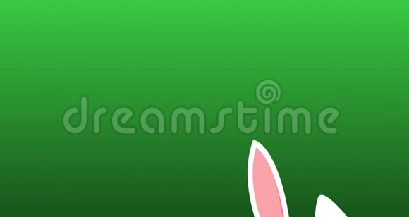 复活节兔子跳跃通过广告空间显示只有他的耳朵在绿色背景4k动画视频的预览图