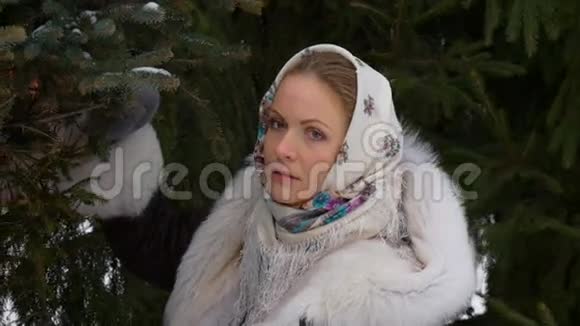 一位美丽的时装模特微笑着看着镜头冬天飘雪视频的预览图