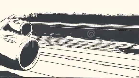 日落时起飞时飞机涡轮机的框架绘制铅笔效果图视频的预览图