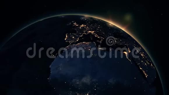 地球三维动画上非常详细的真实史诗日出视频的预览图