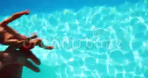 快乐的一对跳入清澈的蓝色游泳池视频的预览图