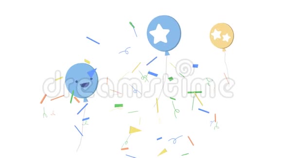 彩色气球和五彩纸屑爆炸的白色背景动画视频的预览图