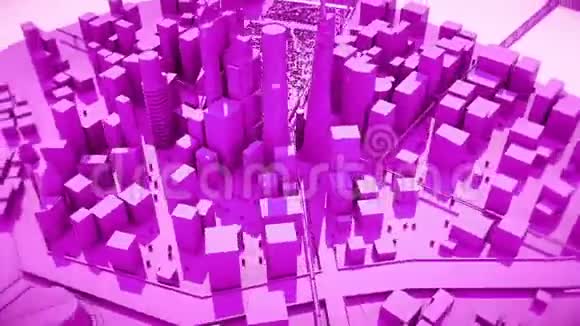一个相机在紫色城市建筑周围移动的抽象动画视频的预览图