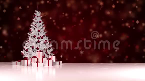 圣诞树旋转着放在红色降雪背景下的盒子里放着新年礼物视频的预览图