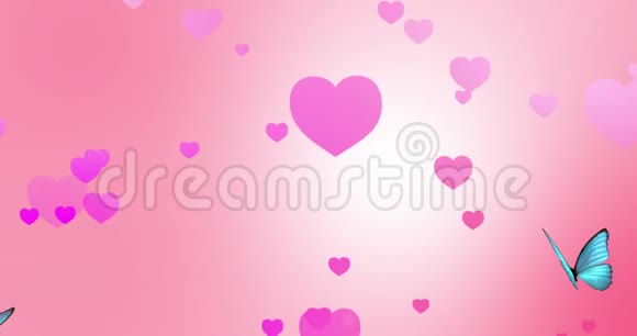 在浪漫的粉红色背景下循环红心和蝴蝶动画视频的预览图