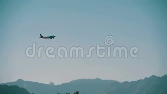 空中客机降落在埃及山脉和棕榈树的背景上慢动作视频的预览图