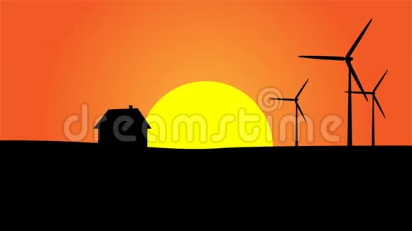 日落风车领域的房子剪影视频的预览图