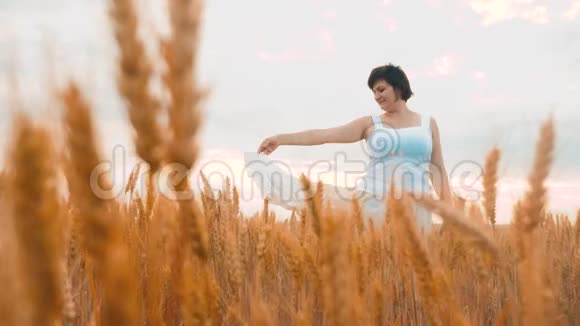 加上大小时尚模特在慢动作视频行走白色连衣裙在田间小麦大自然中的肥婆视频的预览图