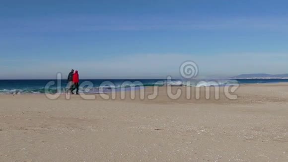 快乐的中年夫妇在海滩上散步视频的预览图
