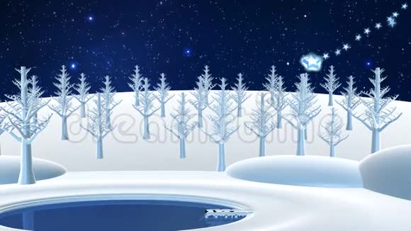 FelizNadGretting的贺卡西班牙语圣诞快乐蓝色的星星飞过冰冻的树木视频的预览图