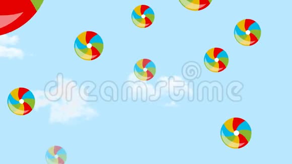 在天空背景上飞行五彩婴儿充气球淡蓝色天空上的白云动画标题你好视频的预览图