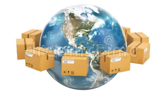 全球运输和交付概念包裹在地球周围旋转3D绘制视频的预览图