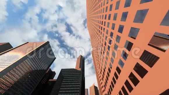 在三维城市中飞行的低角度摄像机动画视频的预览图