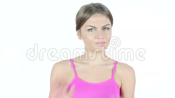 停止拒绝手势不由女人白色背景视频的预览图