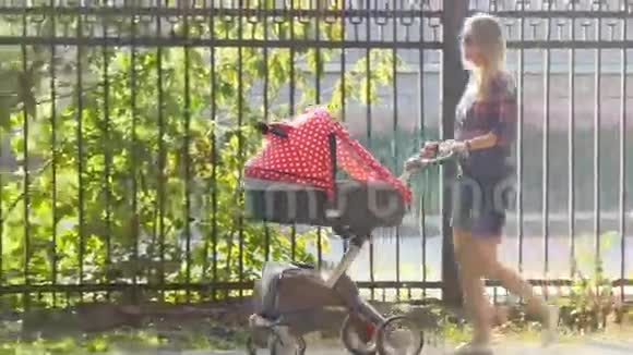 妈妈带着婴儿在公园散步视频的预览图