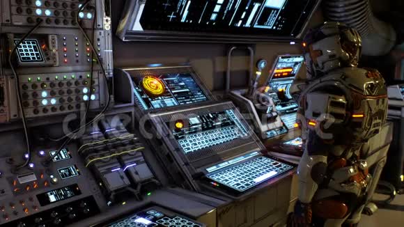 未来的宇航员按下科幻屏幕上的键现实的运动背景视频的预览图