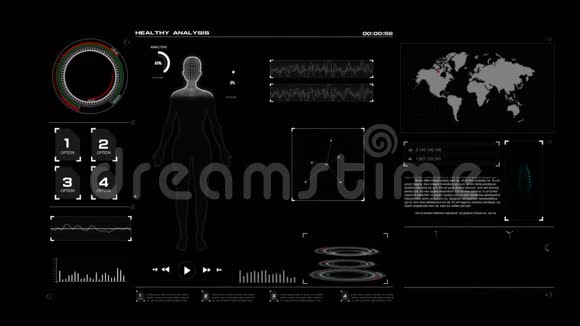 4K动画HUD头向上显示界面与女性线身体的健康护理和医疗未来技术概念视频的预览图