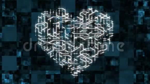 一个具有移动电子形状的心脏电子连接通信未来技术的未来主义电路板视频的预览图