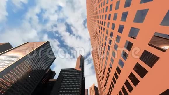 在三维城市中飞行的低角度摄像机动画视频的预览图